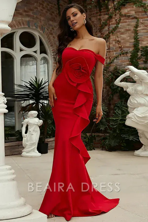 Beaira Sexy & Hot Mermaid Off Shoulder Sleeveless Flower Ruffles Floor Length Party Dress Prom Dress Cocktail Dress
