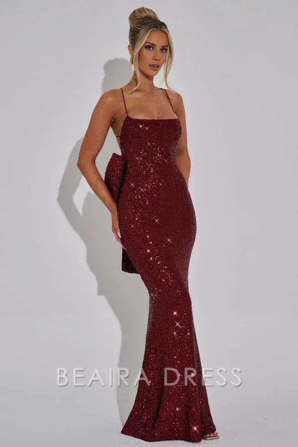 Beaira Sexy & Hot Mermaid Square Spaghetti Straps Sleeveless Open Back Floor Length Prom Dress Fully Sequins Special Occasion Dress Evenng Party Dress with Bow Knot