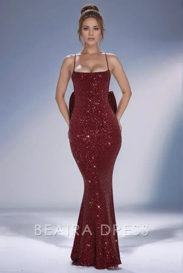 Beaira Sexy & Hot Mermaid Square Spaghetti Straps Sleeveless Open Back Floor Length Prom Dress Fully Sequins Special Occasion Dress Evenng Party Dress with Bow Knot