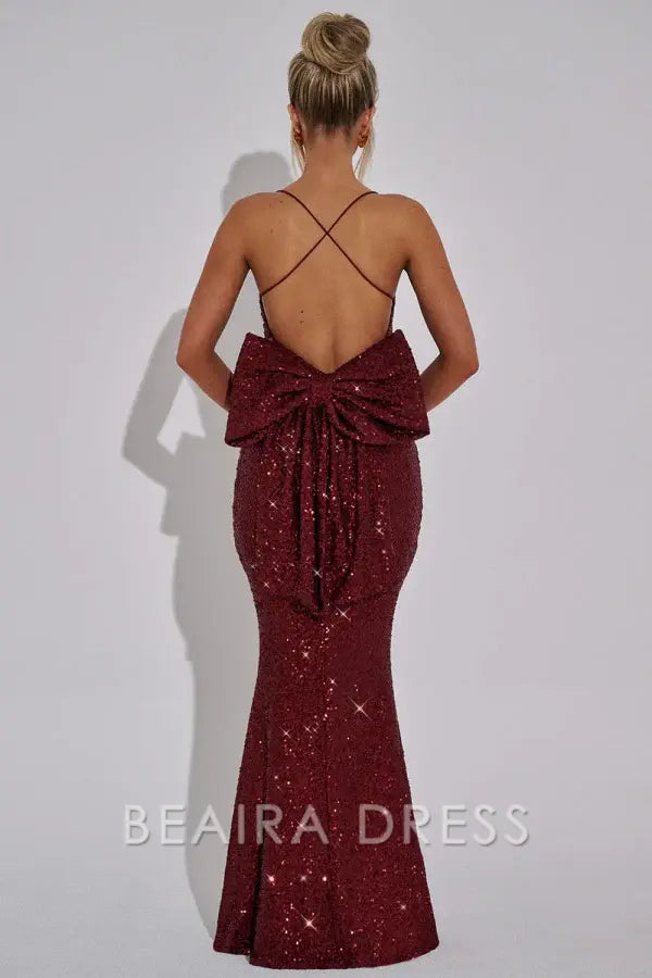 Beaira Sexy & Hot Mermaid Square Spaghetti Straps Sleeveless Open Back Floor Length Prom Dress Fully Sequins Special Occasion Dress Evenng Party Dress with Bow Knot