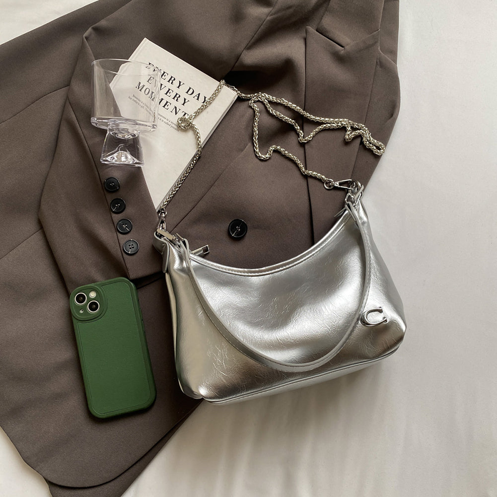 Beaira Women PU Casual Tote Handbag Large Capacity Chain Sling Bag Zipper Closure Elegant Underarm Bag Multi-pockets Simple Satchel Bag
