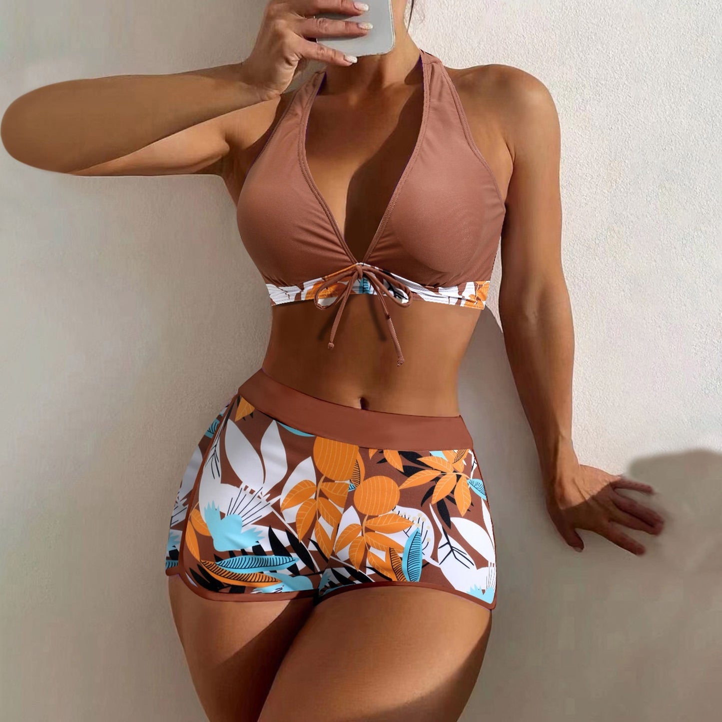 Beaira Shorts Bikinis Set High Waist Swimsuit Women Swimwear 2 Pieces Plant Print Bathers Bathing Swim Suit Beachwear