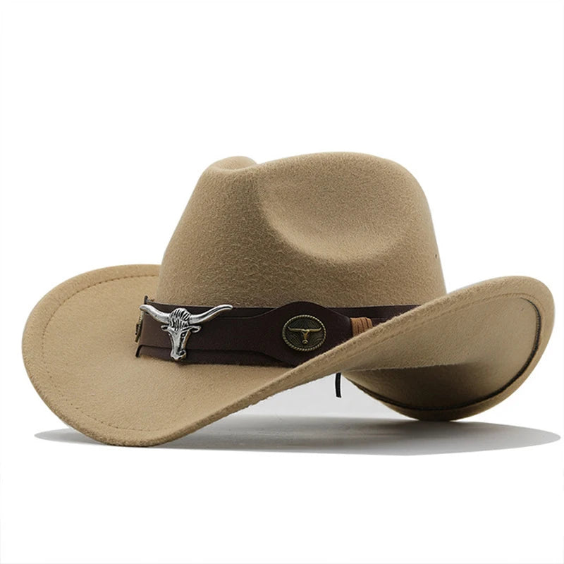 Beaira Western Cowboy Hat 4 Sizes Black Woolen Jazz Top Hat Men Ethnic Style Cow Head Ribbon Felt Cap Women Children Riding Fedora Hat