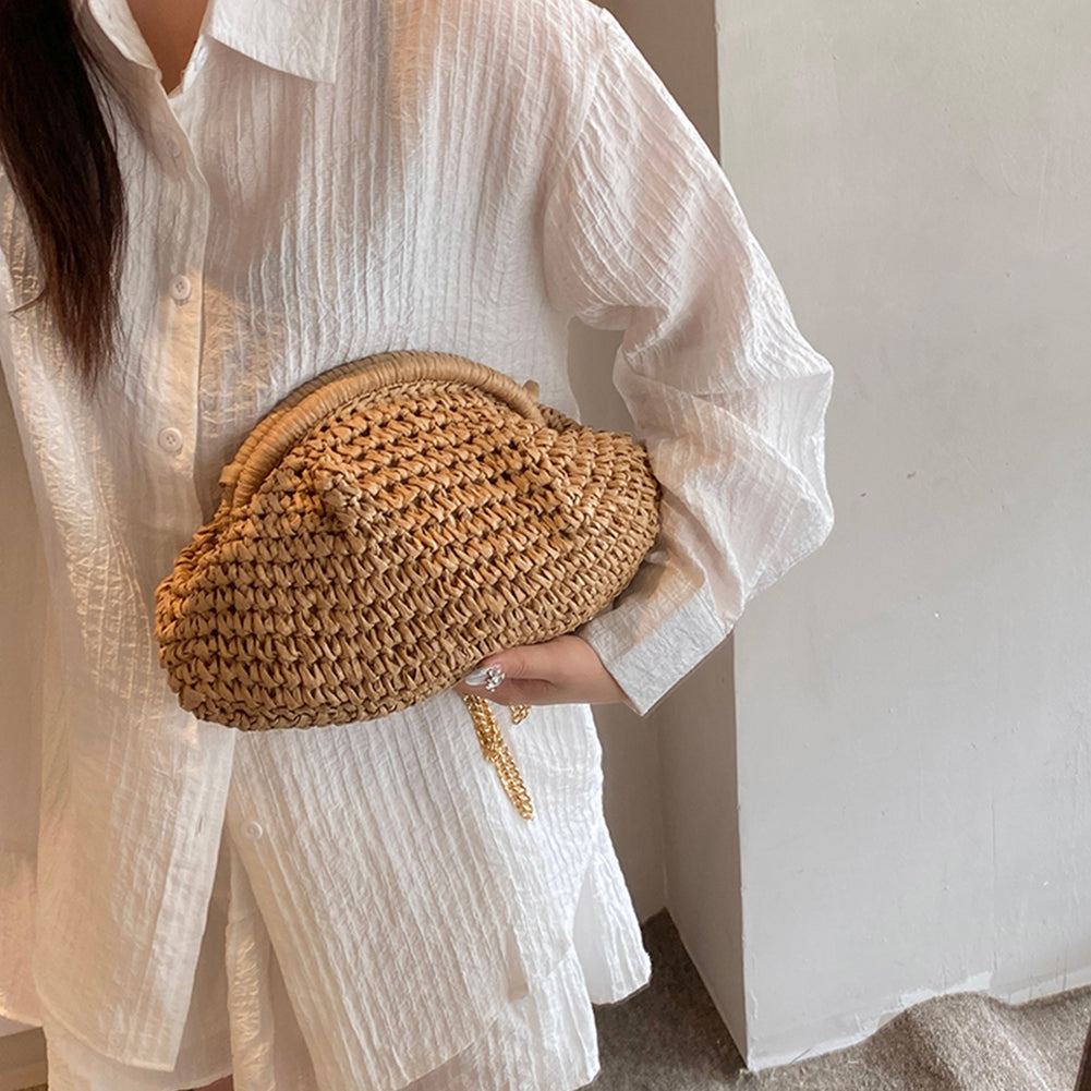 Beaira Women Straw Woven Bag Chain Strap Straw Clutch Purse Large Capacity Stylish Crossbody Bag Solid Color for Summer Beach