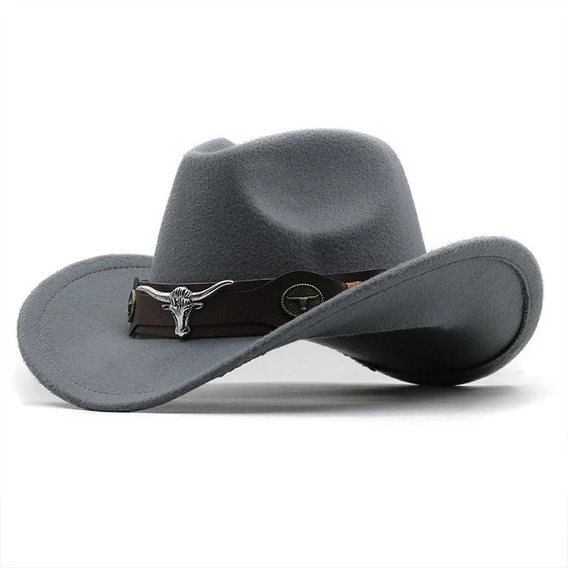 Beaira Western Cowboy Hat 4 Sizes Black Woolen Jazz Top Hat Men Ethnic Style Cow Head Ribbon Felt Cap Women Children Riding Fedora Hat