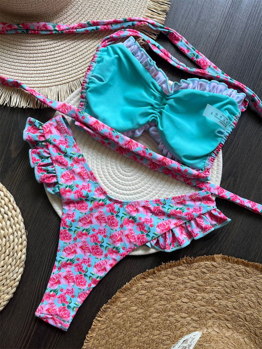 Beaira Stylish Women s Tropical Print Bikini Set with Adjustable Tie Back and Halter Neck Chic Two Piece Swimsuit for Summer Beachwear