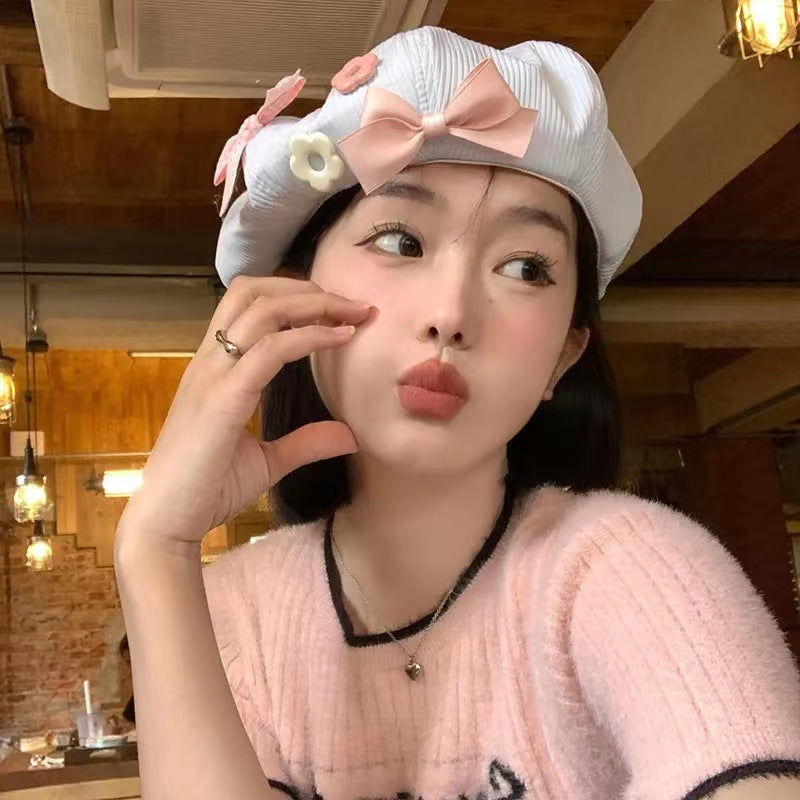 Beaira Women's Beret With Bow Flower - Japanese Cute Versatile Painter Hat, Slimming For Large Head, Dopamine Fashion Cap Gift For Her