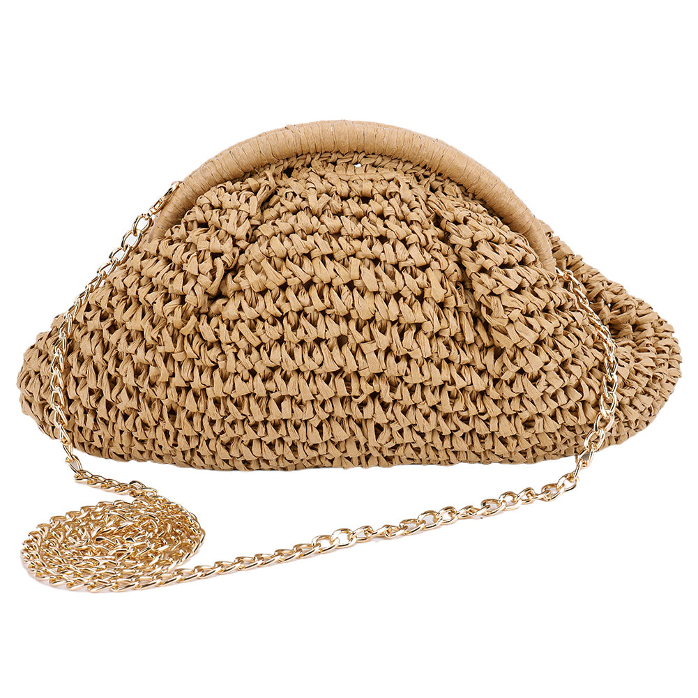 Beaira Women Straw Woven Bag Chain Strap Straw Clutch Purse Large Capacity Stylish Crossbody Bag Solid Color for Summer Beach
