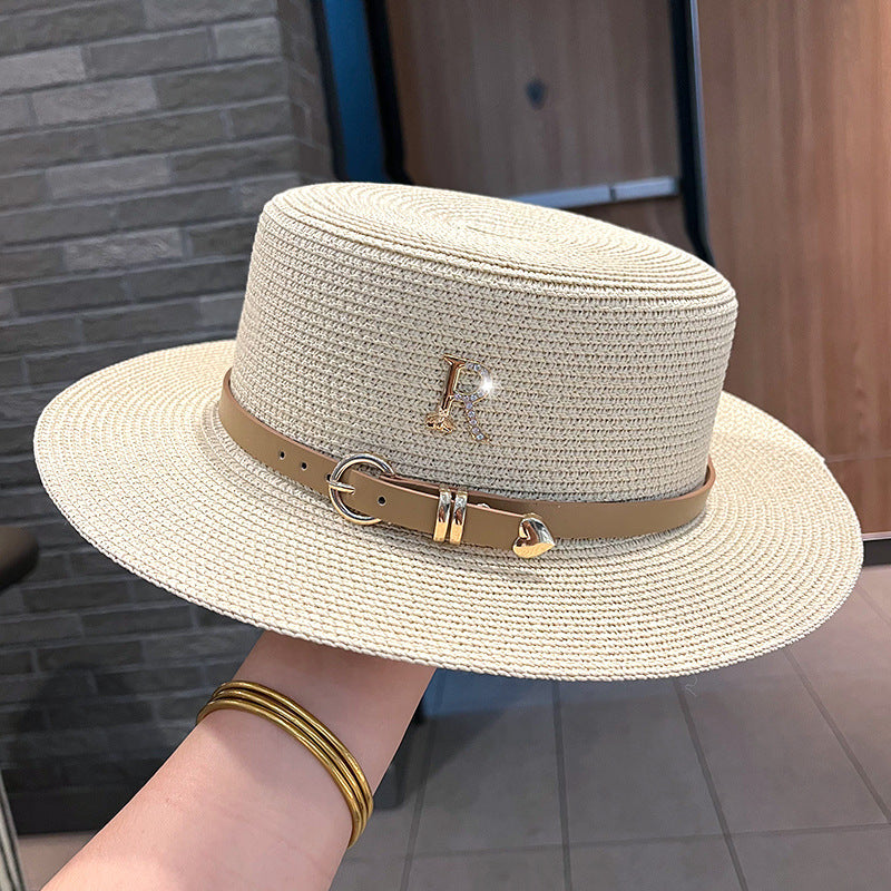 Beaira Summer Flat Top Straw Hats for Women New Metal R Letter Fashion Beach Sunshade Visors Sun Hat Females Travel Holidays Boater Hat