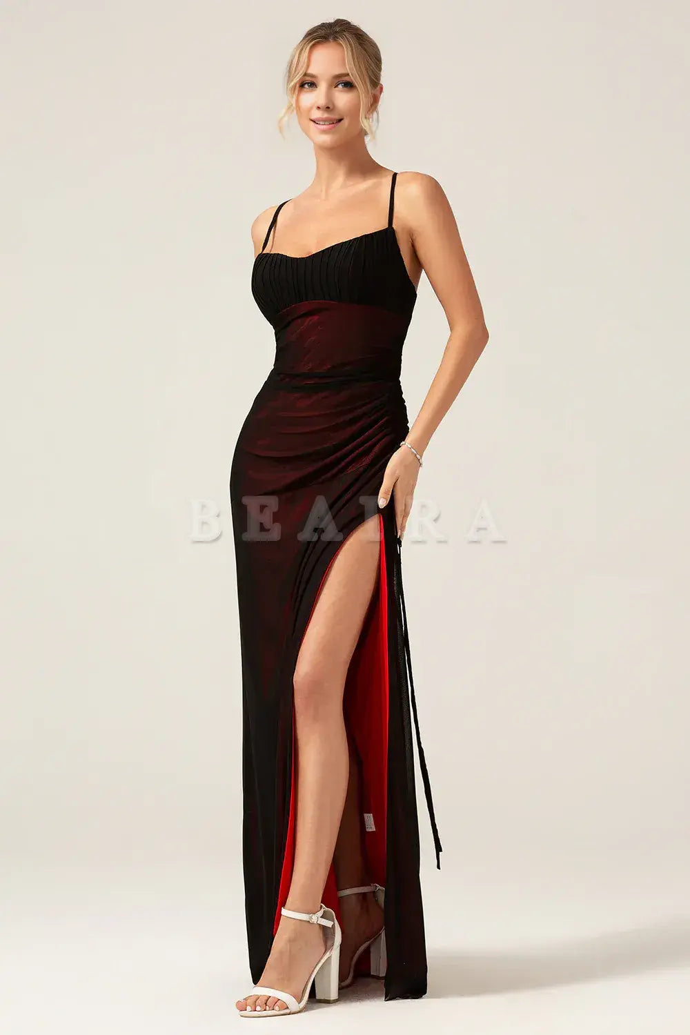 Beaira Sheath Spaghetti Straps Maxi Black Red Bridesmaid Dress With Slit Bridesmaid dress shop