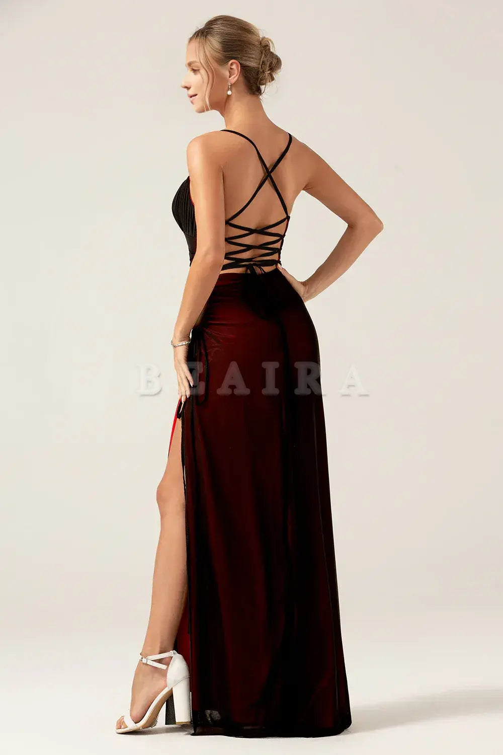 Beaira Sheath Spaghetti Straps Maxi Black Red Bridesmaid Dress With Slit Bridesmaid dress shop