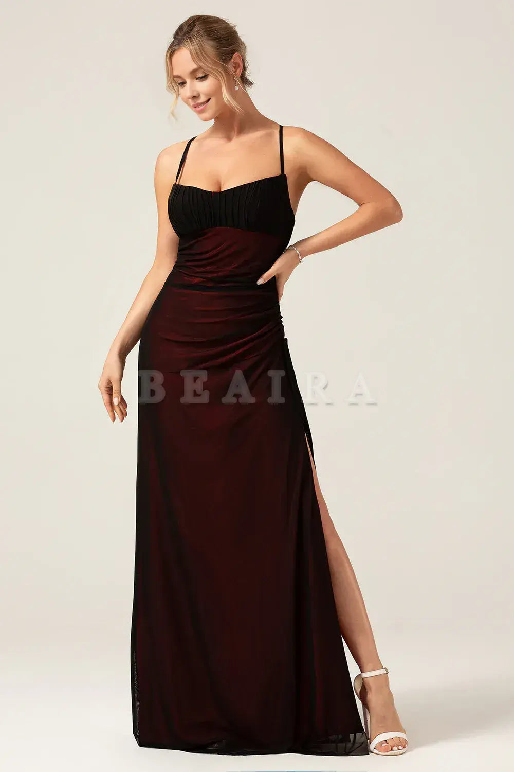 Beaira Sheath Spaghetti Straps Maxi Black Red Bridesmaid Dress With Slit Bridesmaid dress shop
