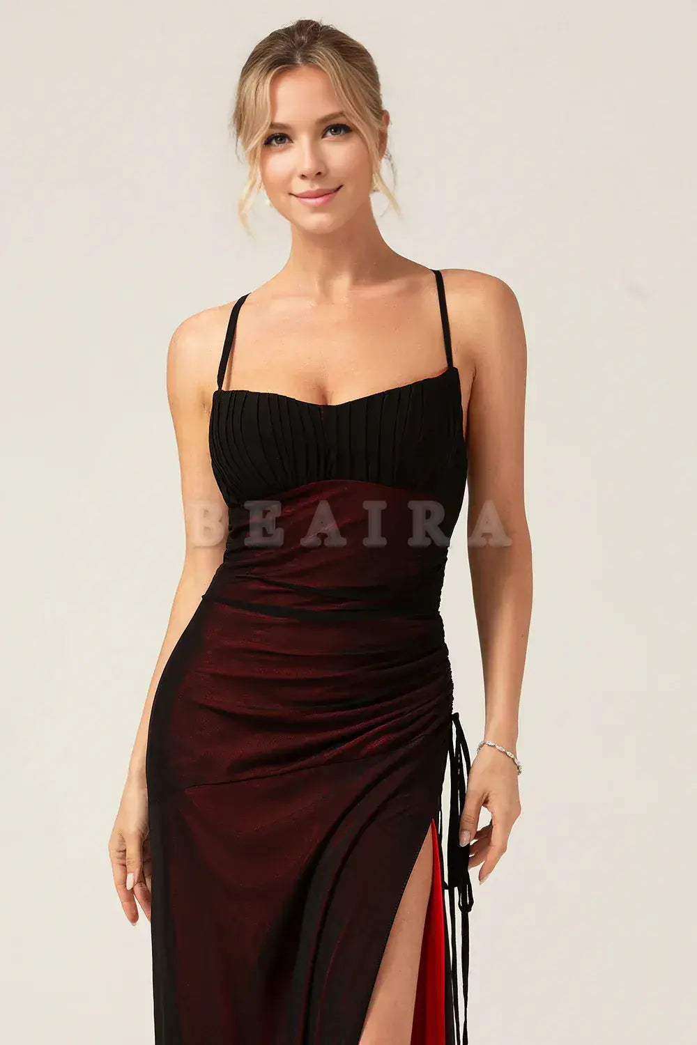 Beaira Sheath Spaghetti Straps Maxi Black Red Bridesmaid Dress With Slit Bridesmaid dress shop