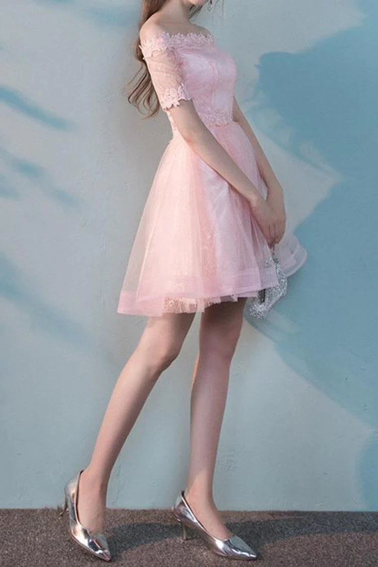 Short Sleeves A Line Boat Neck Tulle Keen Length Homecoming Dresses With