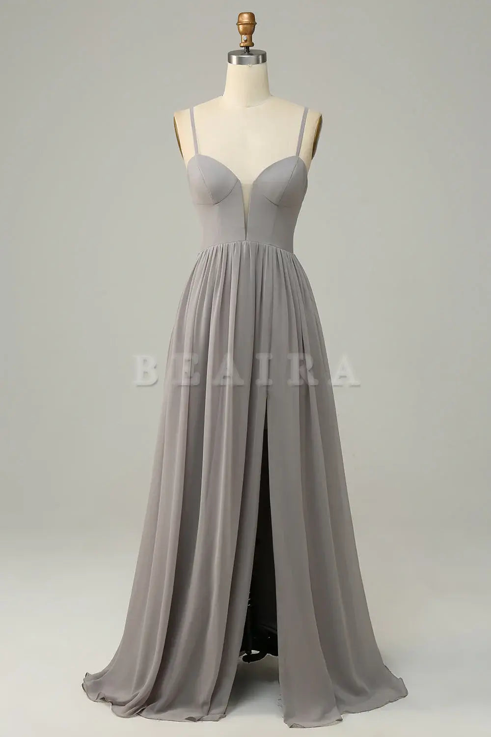 Beaira Silver A Line Spaghetti Straps Long Bridesmaid Dress With Slit Bridesmaid dress shop