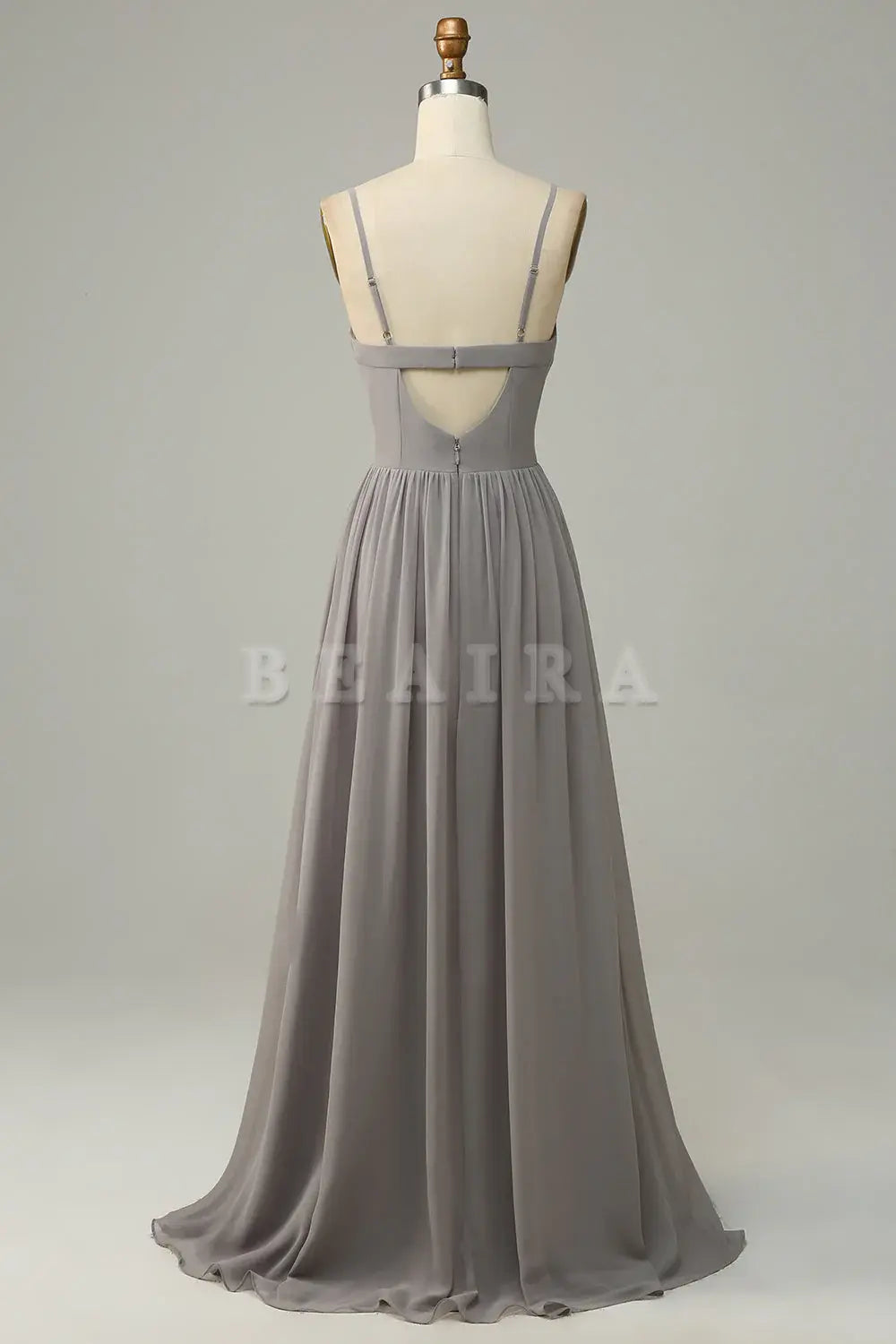 Beaira Silver A Line Spaghetti Straps Long Bridesmaid Dress With Slit Bridesmaid dress shop