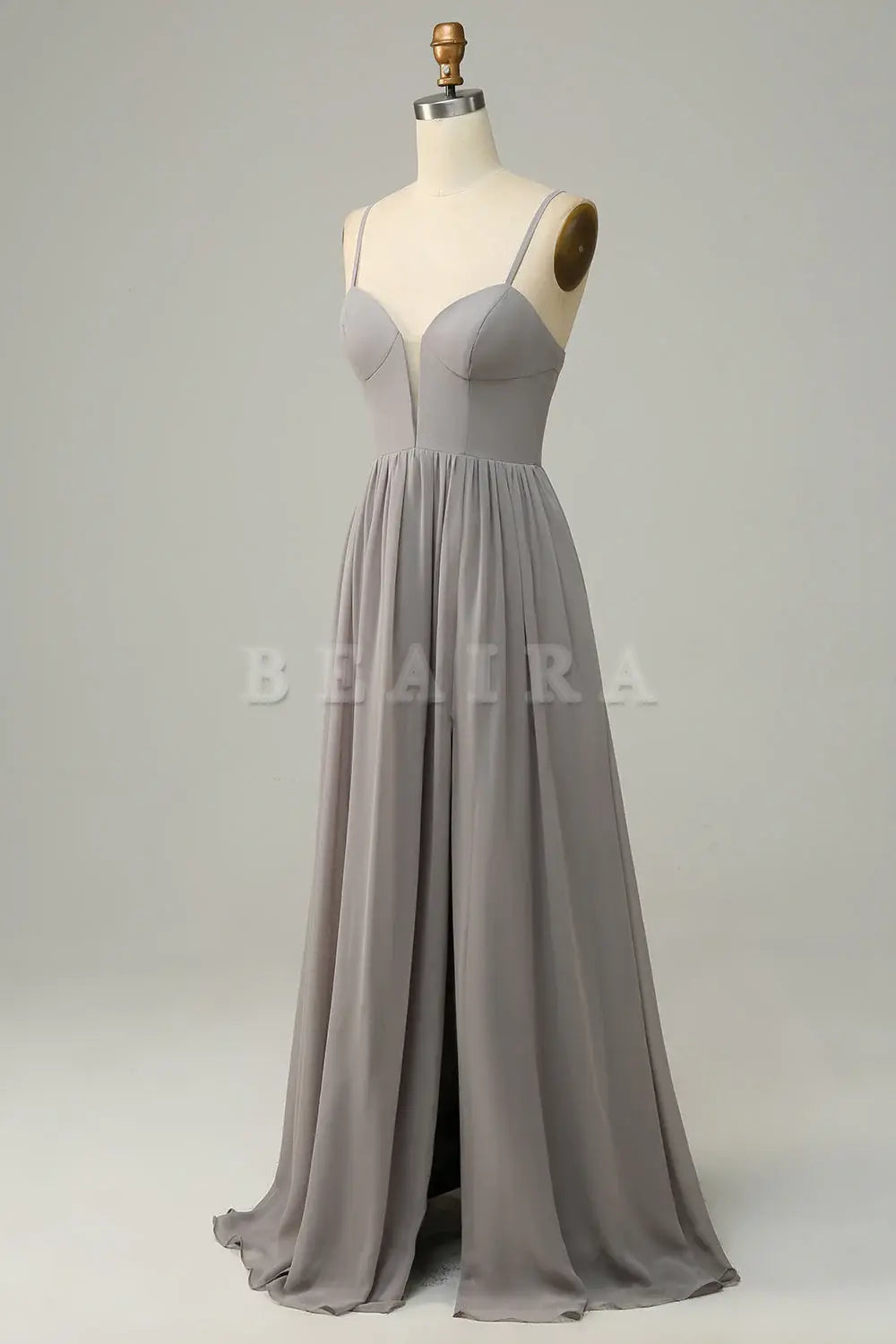 Beaira Silver A Line Spaghetti Straps Long Bridesmaid Dress With Slit Bridesmaid dress shop