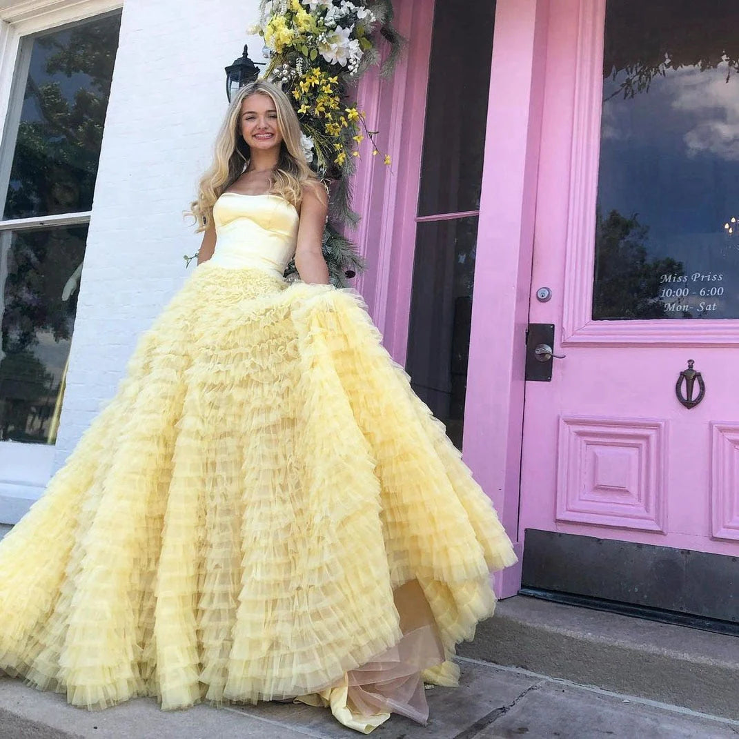 Simple A Line Strapless Tulle Layered Long Prom Dress For Teens Graduation Dress