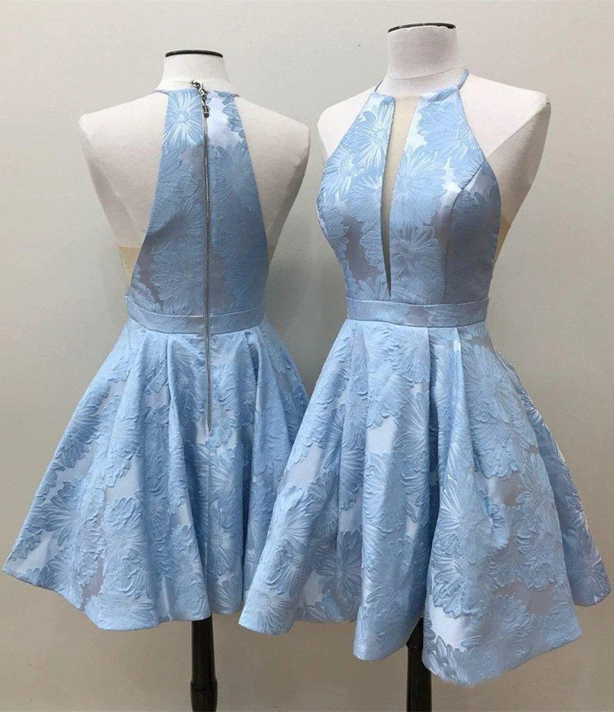 Simple Lilac Jacquard Floral Homecoming Dresses with Pocket Halter Graduation Dresses