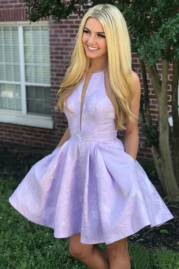 Simple Lilac Jacquard Floral Homecoming Dresses with Pocket Halter Graduation Dresses