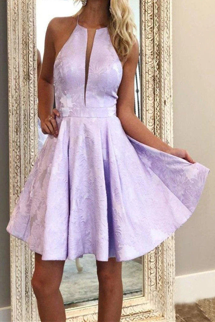 Simple Lilac Jacquard Floral Homecoming Dresses with Pocket Halter Graduation Dresses