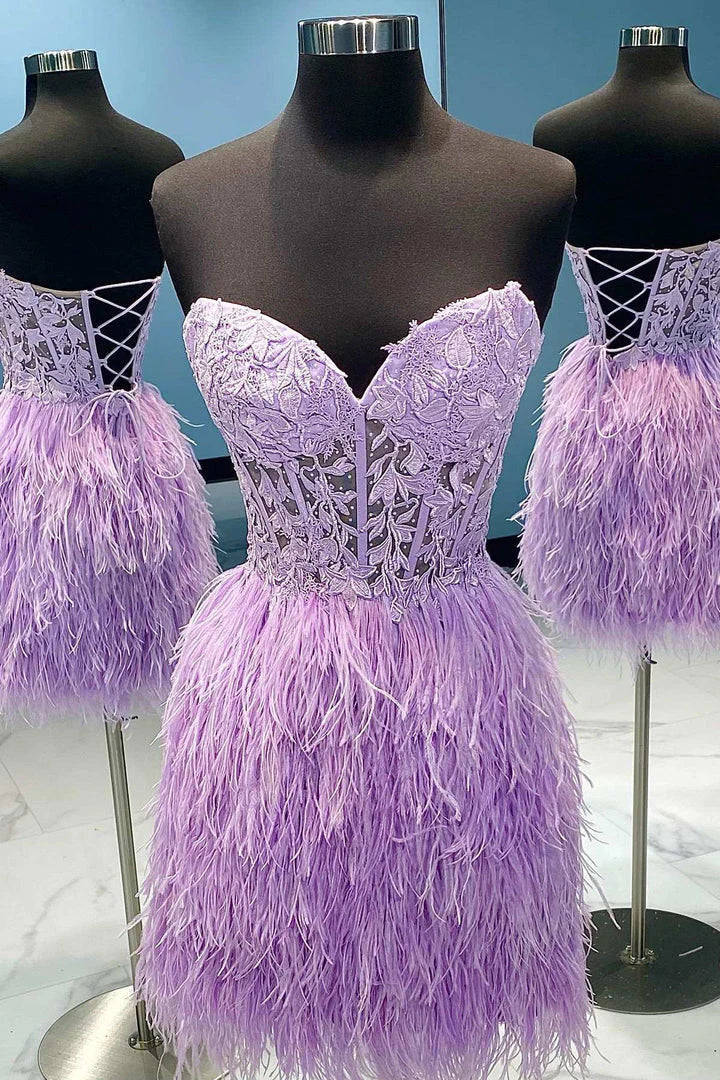 Simple Strapless Cute Lace Feather Sleeveless Homecoming Dresses