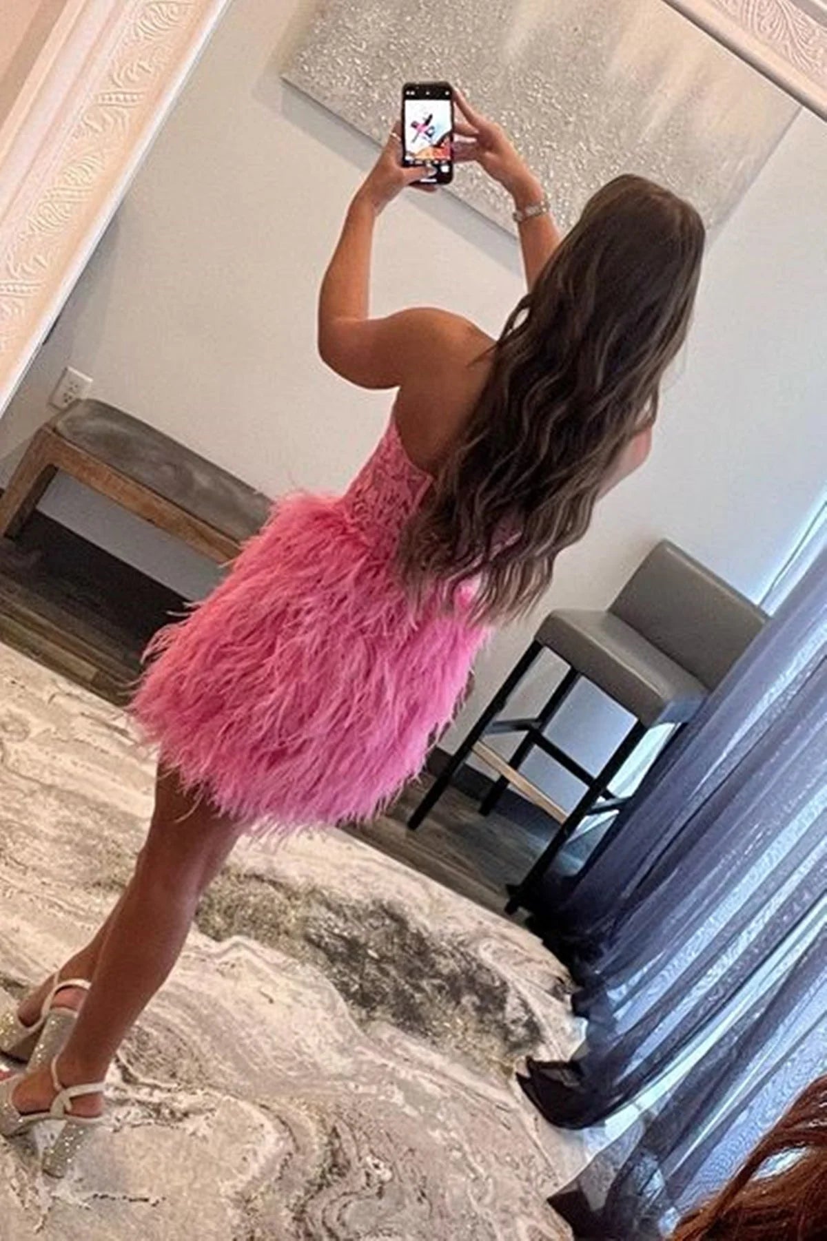 Simple Strapless Cute Lace Feather Sleeveless Homecoming Dresses