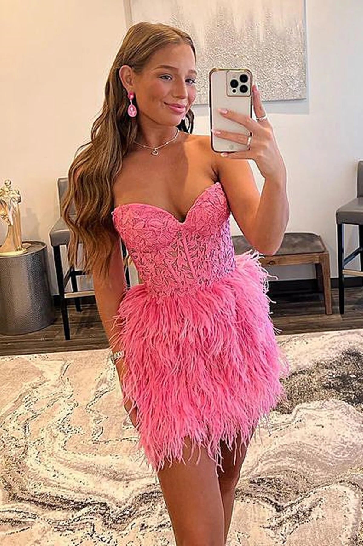 Simple Strapless Cute Lace Feather Sleeveless Homecoming Dresses