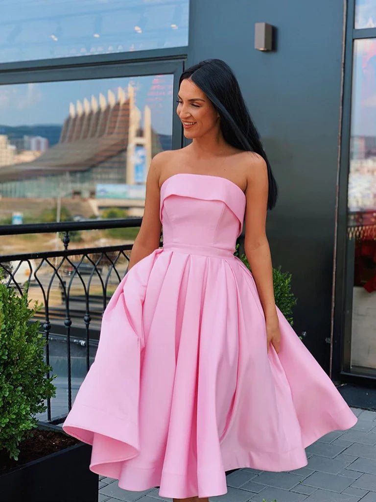 Simple Strapless Yellow Satin Ball Gown Short Homecoming Dresses Cocktail Dresses