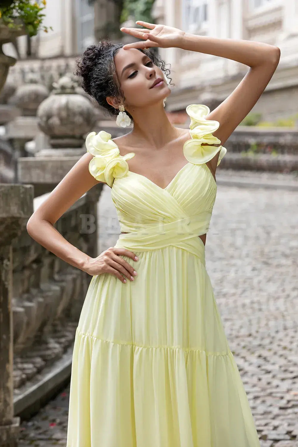 Beaira Simple A Line Pleated Chiffon Lemon Yellow Wedding Party Guest Dress with Ruffles Bridesmaid dress shop