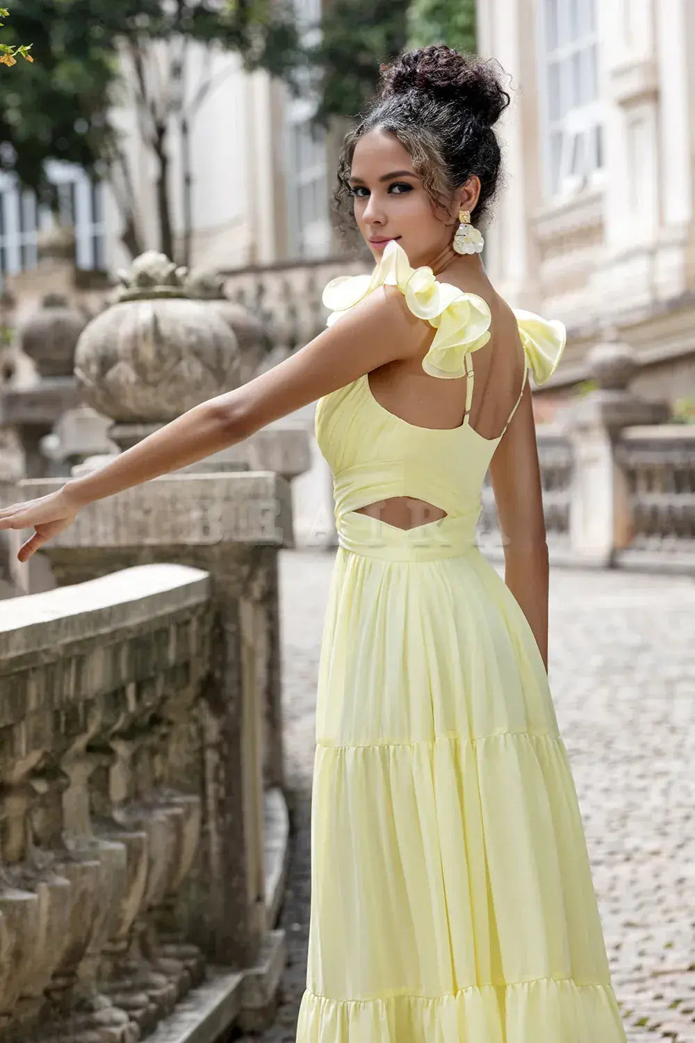 Beaira Simple A Line Pleated Chiffon Lemon Yellow Wedding Party Guest Dress with Ruffles Bridesmaid dress shop