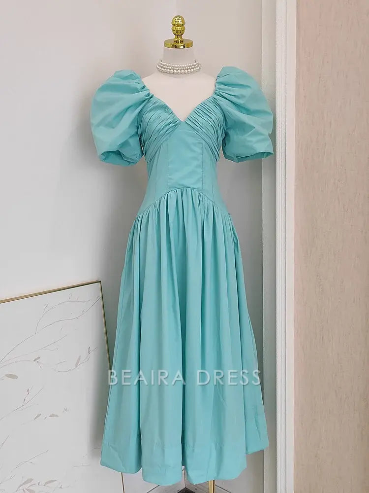 Beaira Simple A Line V Neckline Blue Satin Homecoming Dresses Birthday Outfits With Ruffles