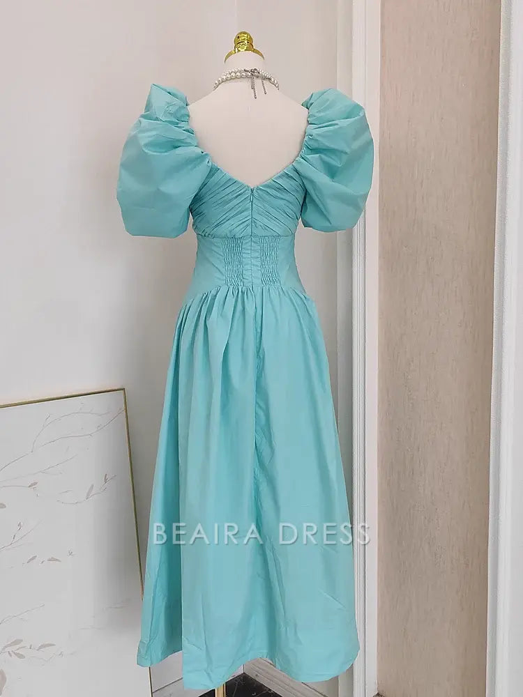 Beaira Simple A Line V Neckline Blue Satin Homecoming Dresses Birthday Outfits With Ruffles
