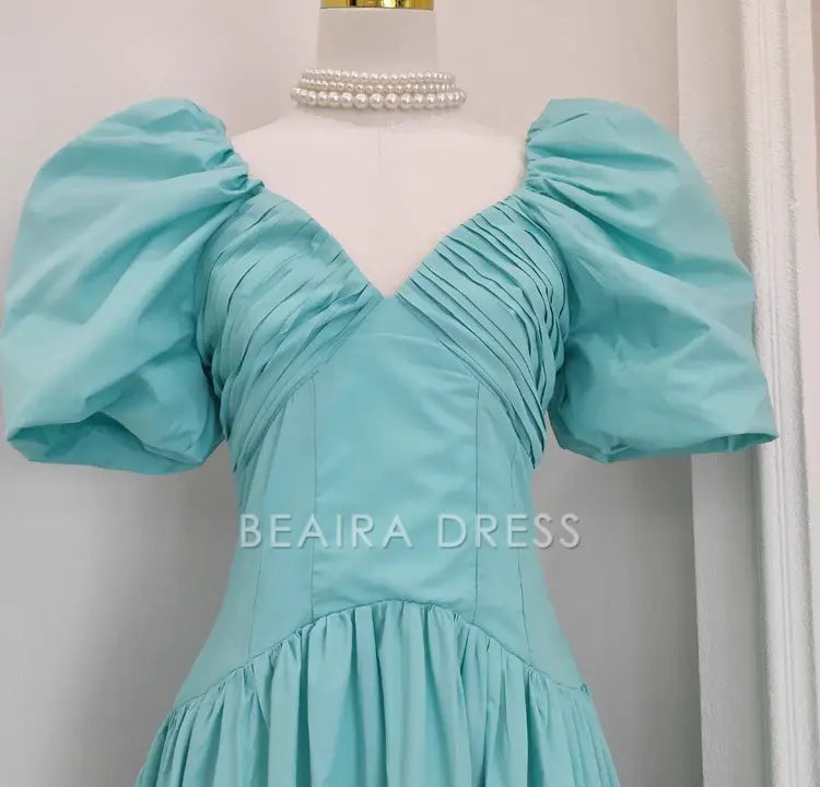 Beaira Simple A Line V Neckline Blue Satin Homecoming Dresses Birthday Outfits With Ruffles
