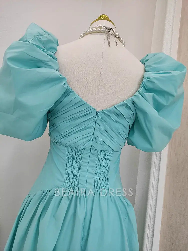 Beaira Simple A Line V Neckline Blue Satin Homecoming Dresses Birthday Outfits With Ruffles