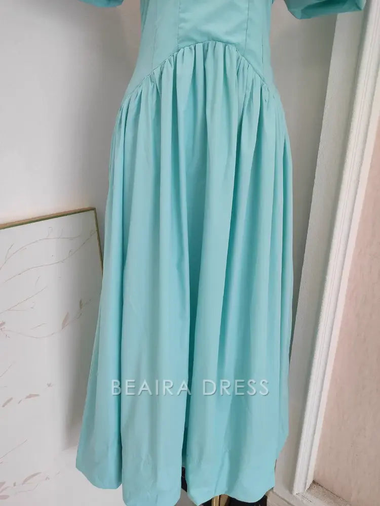 Beaira Simple A Line V Neckline Blue Satin Homecoming Dresses Birthday Outfits With Ruffles