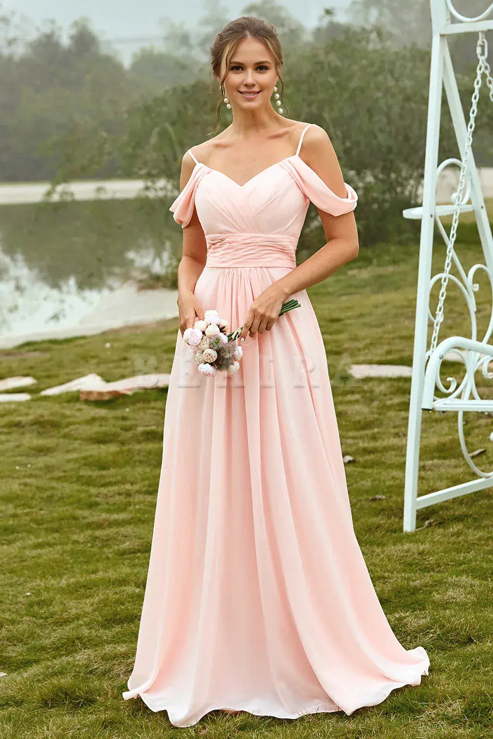 Beaira Simple Blush A Line Off The Shoulder Long Bridesmaid Dress With Ruffles New Arrivals