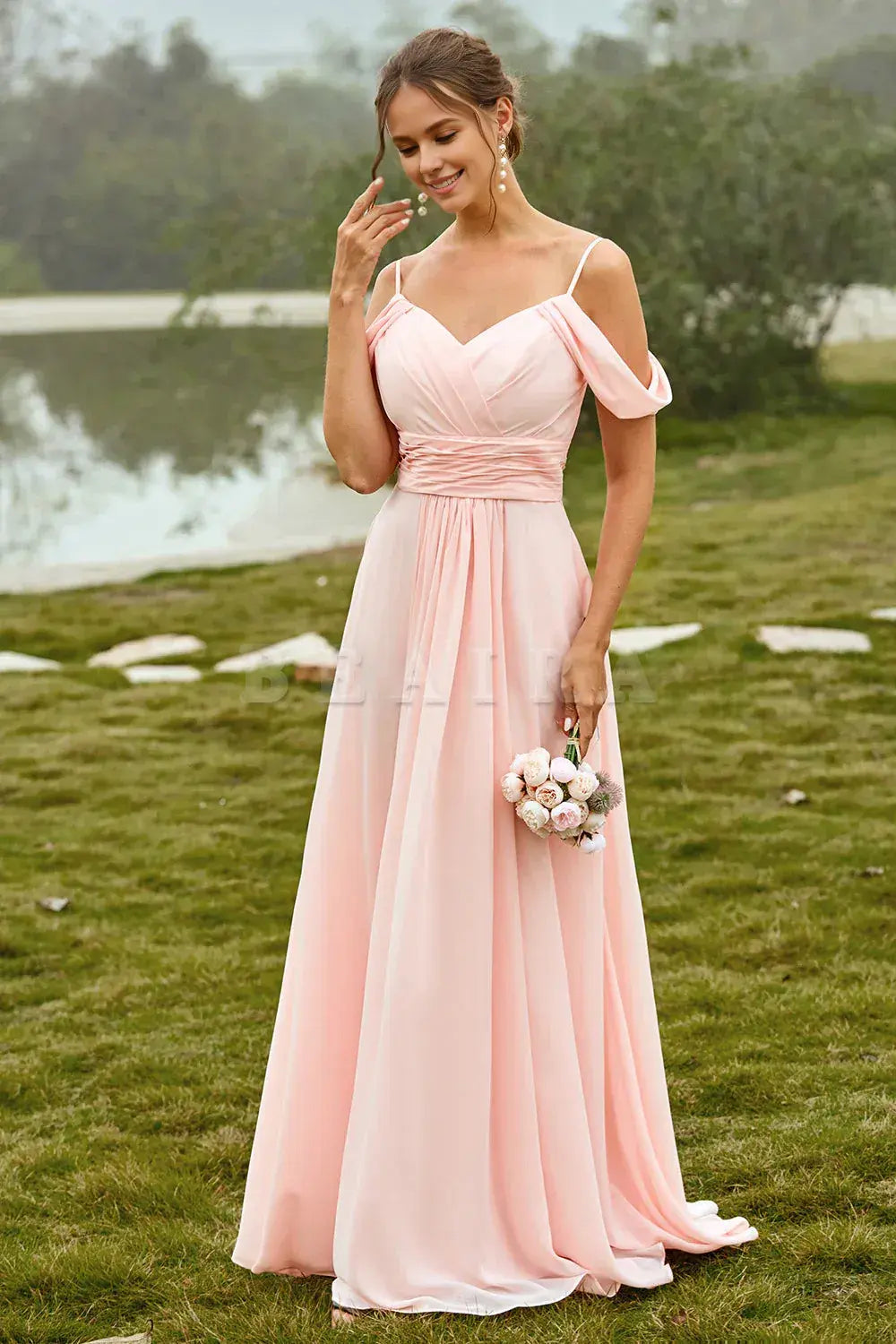 Beaira Simple Blush A Line Off The Shoulder Long Bridesmaid Dress With Ruffles New Arrivals
