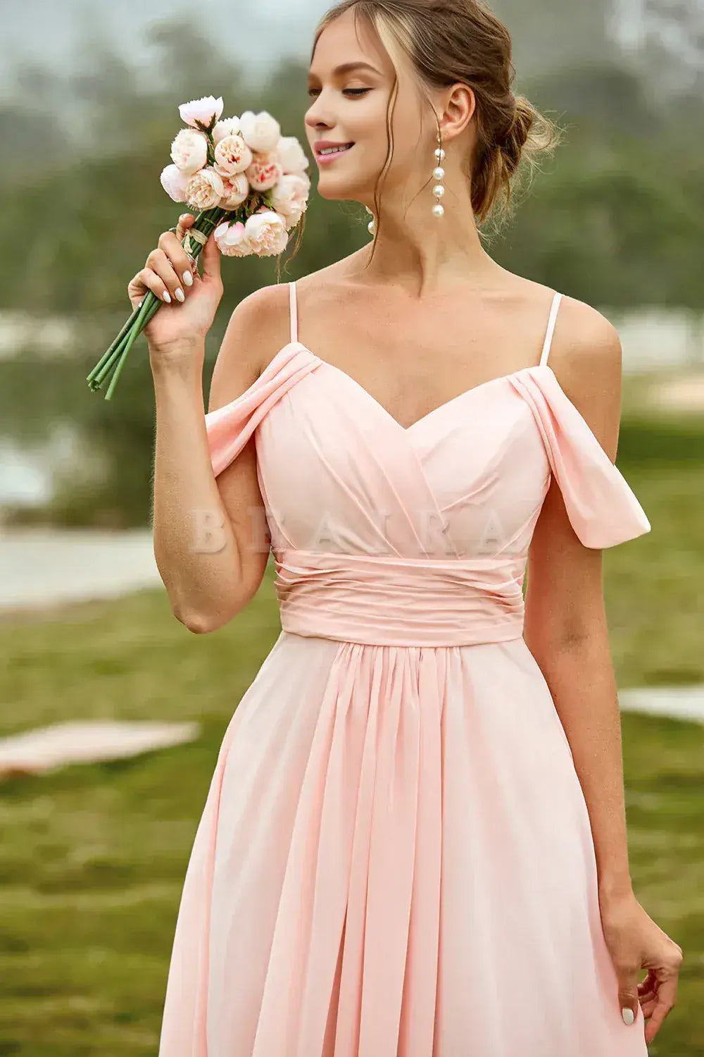 Beaira Simple Blush A Line Off The Shoulder Long Bridesmaid Dress With Ruffles New Arrivals
