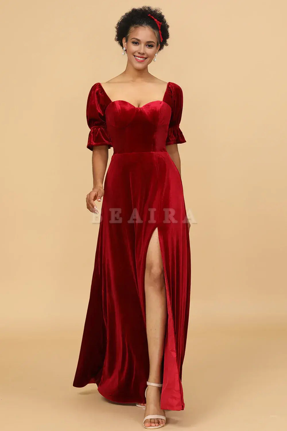 Beaira Simple Burgundy Flare Sleeves Velvet Bridesmaid Dress with Slit New Arrivals