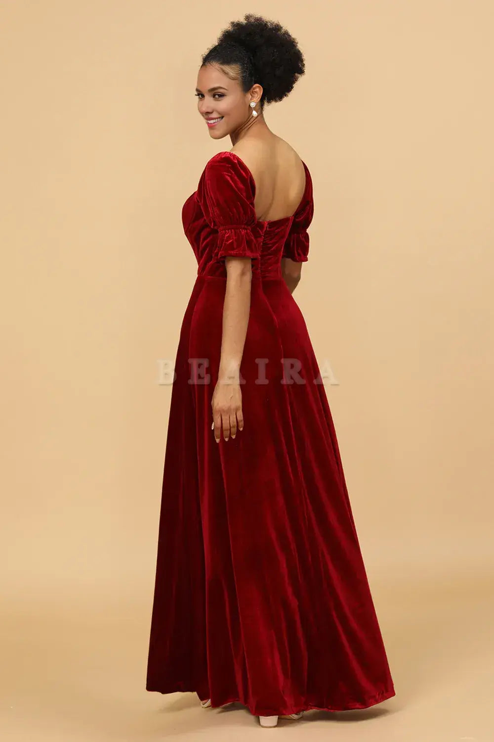 Beaira Simple Burgundy Flare Sleeves Velvet Bridesmaid Dress with Slit New Arrivals
