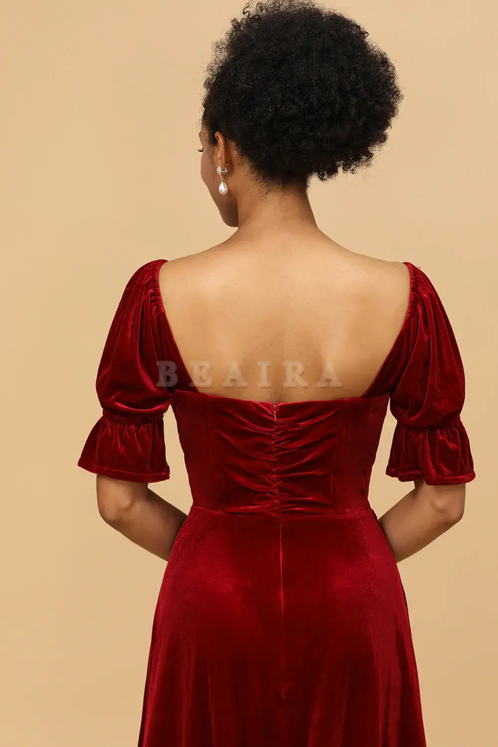 Beaira Simple Burgundy Flare Sleeves Velvet Bridesmaid Dress with Slit New Arrivals