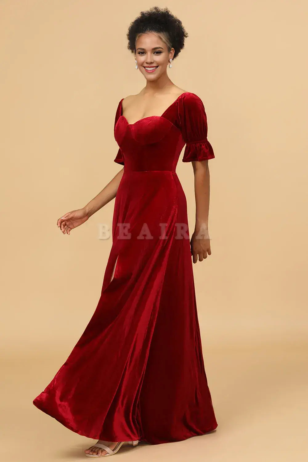 Beaira Simple Burgundy Flare Sleeves Velvet Bridesmaid Dress with Slit New Arrivals