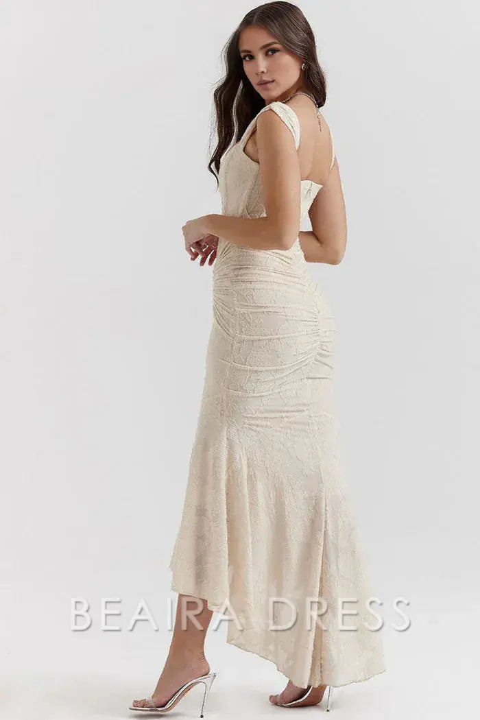 Beaira Simple Luxury Textured Floral Ruched Corset Sleeveless Fishtail Evening Dress - Cream