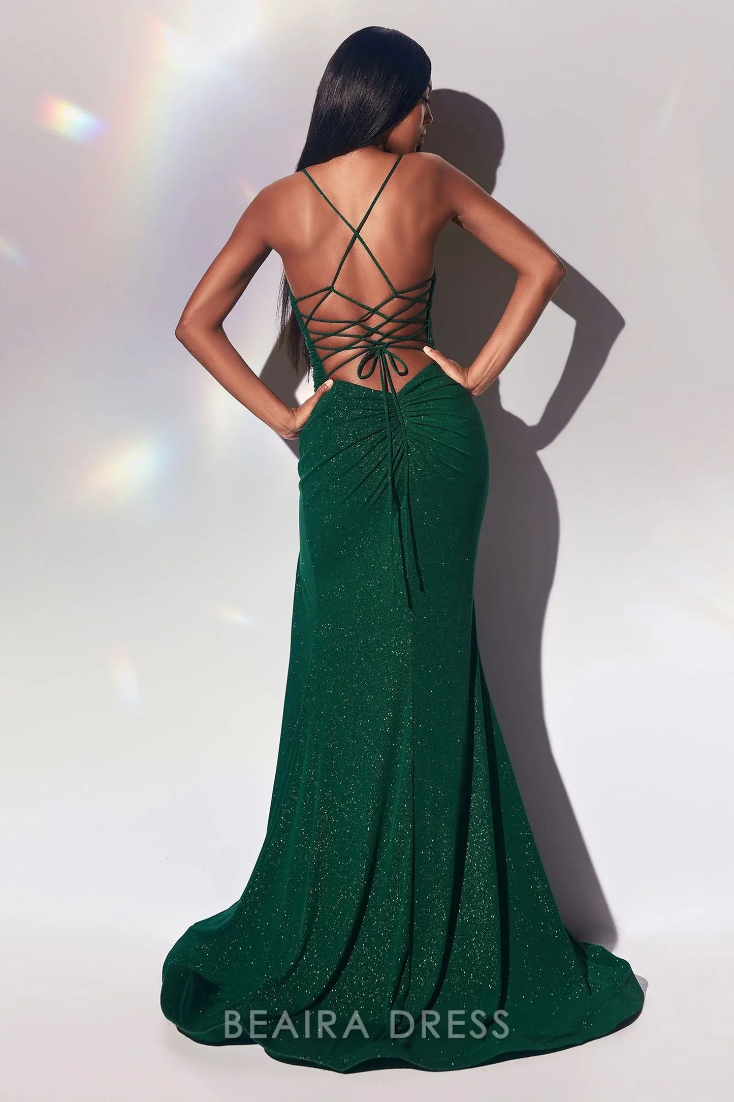 Simple Mermaid Sparkle Spaghetti Strap Sleeveless Lace - Up Floor-Length Side Slit Prom Dress