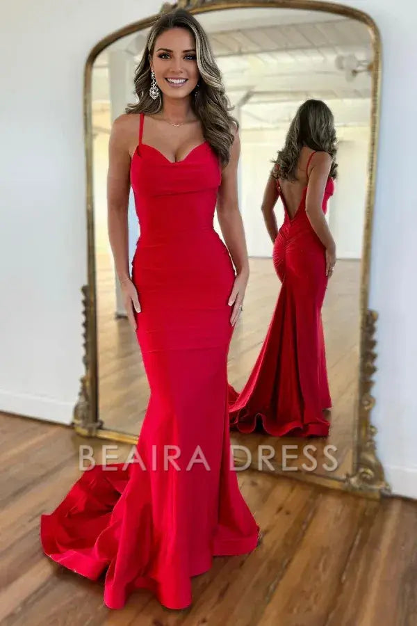 Beaira Simple Mermaid Strapless Straps Sleeveless V Back Pleated Train Floor Length Prom Dress Party Dress Wedding Guest Gown