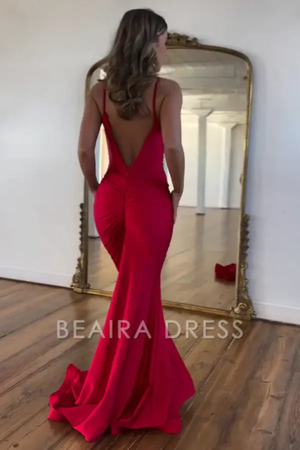 Beaira Simple Mermaid Strapless Straps Sleeveless V Back Pleated Train Floor Length Prom Dress Party Dress Wedding Guest Gown
