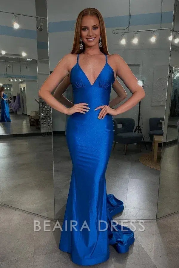 Beaira Simple Mermaid V Neck Spaghetti Straps Sleeveless Open Back Prom Party Dress Cocktail Dress with Train