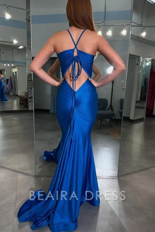Beaira Simple Mermaid V Neck Spaghetti Straps Sleeveless Open Back Prom Party Dress Cocktail Dress with Train