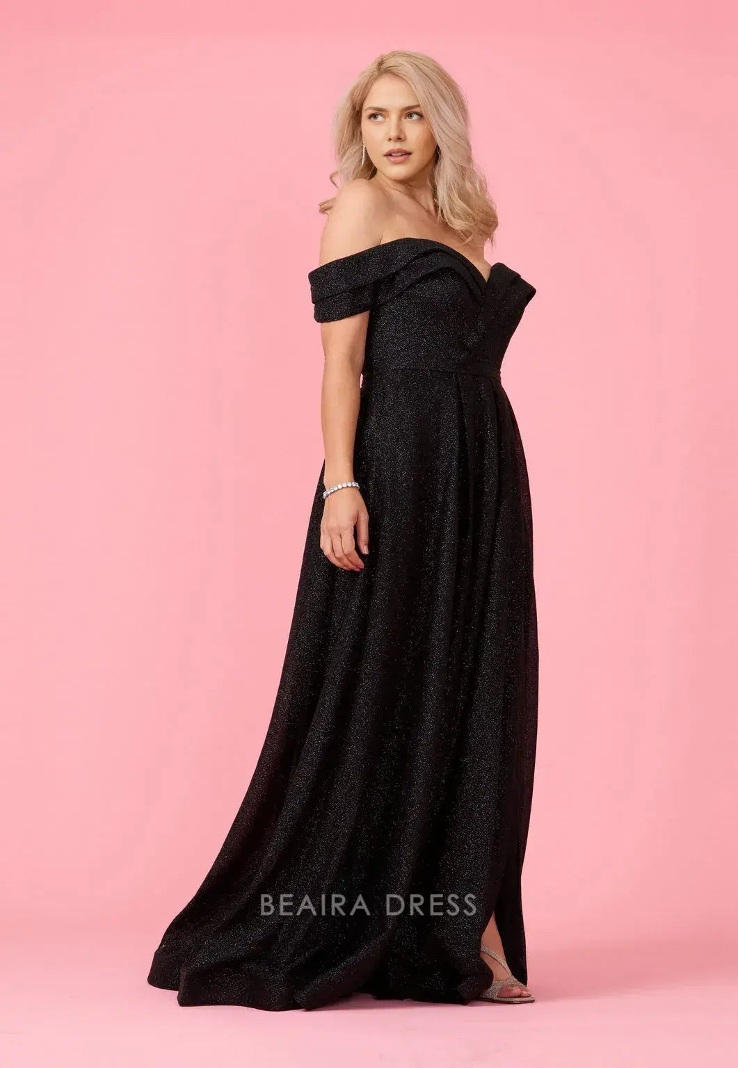 Simple Plus Size Off Shoulder Glitter Formal Maxi Dress with Side Slit prom dress